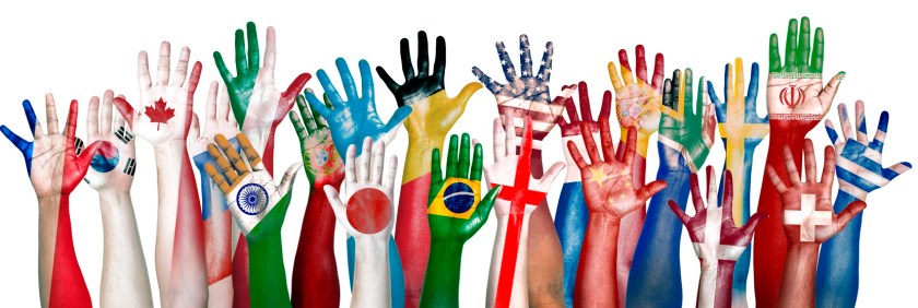 Group of Diverse Flag Painted Hands Raised